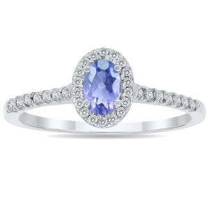 Tanzanite and Diamond Halo Ring in 10K White Gold- PRR12309TZ