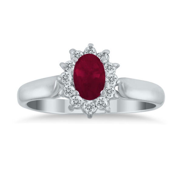 6x4MM Ruby and Diamond Flower Ring in 10K White Gold- PRR12810RB