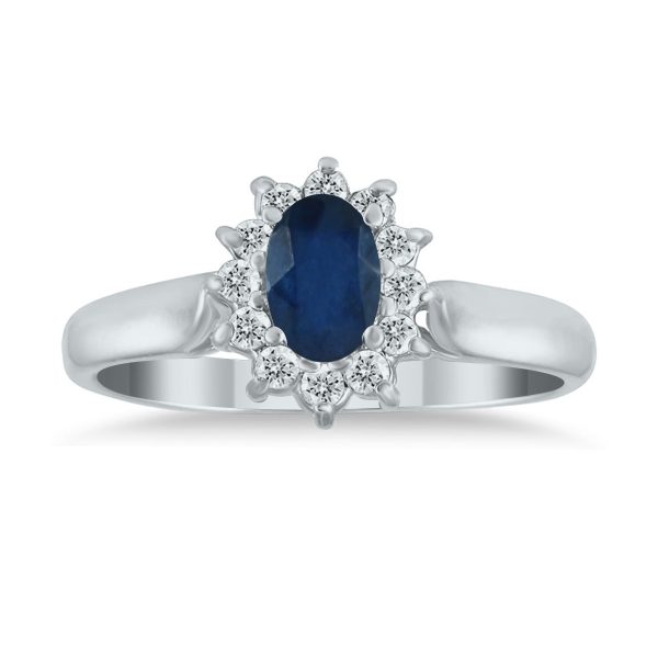 6x4MM Sapphire and Diamond Flower Ring in 10K White Gold- PRR12810SP