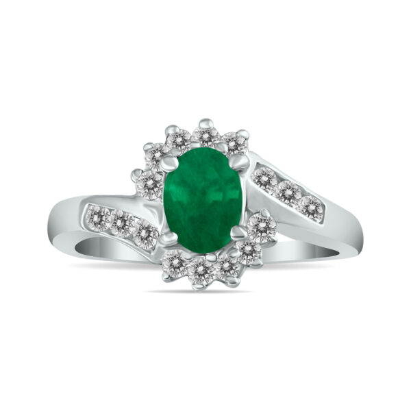 Emerald and Diamond Royal Flower Twist Ring in 14K White Gold- PRR3222EM