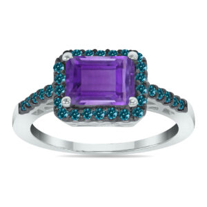 2 1/2 Carat Emerald Cut Amethyst and 1/3 CTW Blue Diamond Ring in 10K White Gold- PRR50388BEAM
