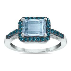 2 1/2 Carat Emerald Cut Aquamarine and 1/3 CTW Blue Diamond Ring in 10K White Gold- PRR50388BEAQ