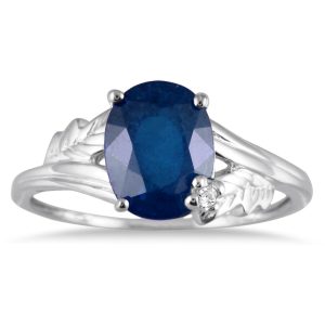 2 1/4 Carat Oval Sapphire and Diamond Leaf Ring in 10K White Gold- PRR50398SP