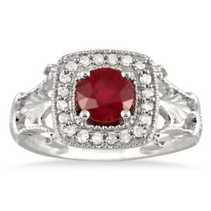 1 Carat Ruby and Diamond Antique Halo Ring in 10K White Gold- PRR50405RB