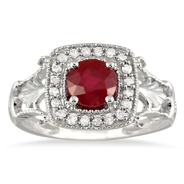 1 Carat Ruby and Diamond Antique Halo Ring in 10K White Gold- PRR50405RB