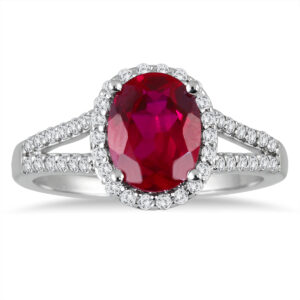 Split Shank Ruby and Diamond Halo Ring in 14K White Gold- PRR51274RB