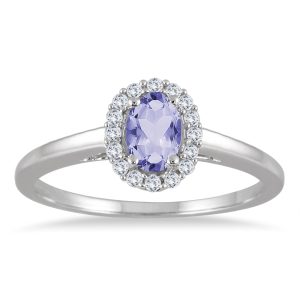 6x4MM Oval Tanzanite and Diamond Halo Ring in 10K White Gold- PRR55227TZ