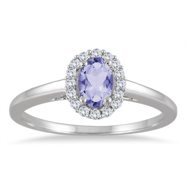 6x4MM Oval Tanzanite and Diamond Halo Ring in 10K White Gold- PRR55227TZ