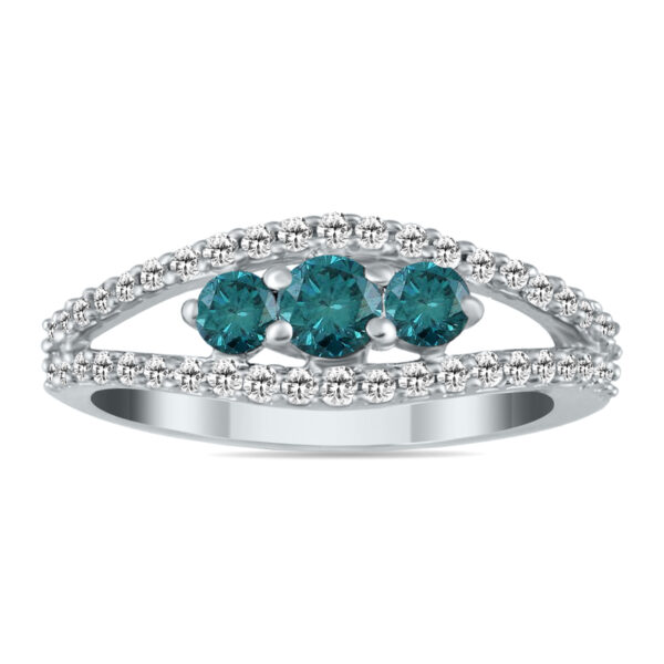 3/4 Carat TW Natural Blue and White Diamond Three Stone Ring in 10K White Gold- RGF12417BE