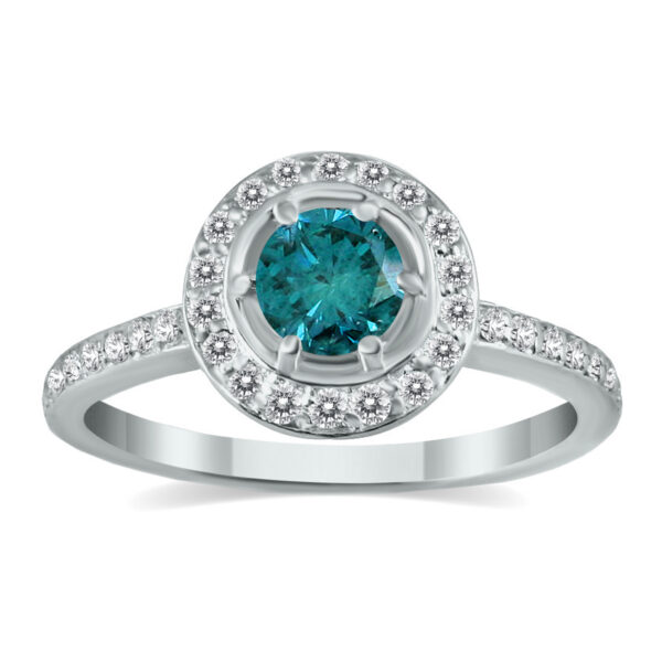 3/4 Carat TW Halo Blue and White Diamond Ring in 14K White Gold- RGF12689BE