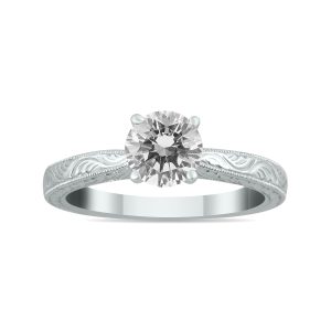 AGS Certified 1 Carat Diamond Solitaire Engraved Ring in 14K White Gold (H-I Color, I1-I2 Clarity)- RGF562161AGS2