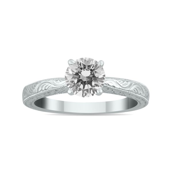 AGS Certified 1 Carat Diamond Solitaire Engraved Ring in 14K White Gold (H-I Color, I1-I2 Clarity)- RGF562161AGS2