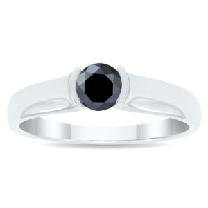 1/2 Carat Half Bezel Black Diamond Solitaire Ring in 10K White Gold- RGF56518BK