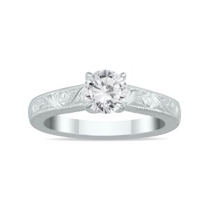 AGS Certified 3/4 Carat Engraved Diamond Solitaire Ring in 14K White Gold (H-I Color, I1-I2 Clarity)- RGF56581AGS2
