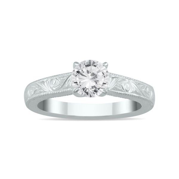 AGS Certified 3/4 Carat Engraved Diamond Solitaire Ring in 14K White Gold (H-I Color, I1-I2 Clarity)- RGF56581AGS2