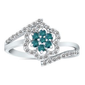 Blue and White Diamond Flower Ring in 10k White Gold- RGF7968BL