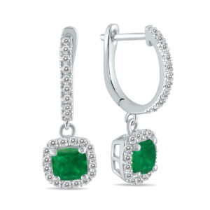1 Carat Emerald and Diamond Halo Dangle Earrings in 10K White Gold- SPE55190EM