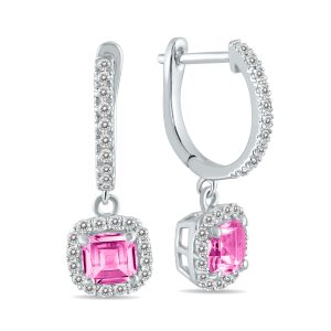 1 Carat Pink Topaz and Diamond Halo Dangle Earrings in 10K White Gold- SPE55190PZ