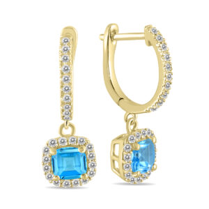 1 Carat Blue Topaz and Diamond Halo Dangle Earrings in 10K Yellow Gold- SPE55191BT