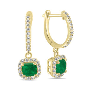 1 Carat Emerald and Diamond Halo Dangle Earrings in 10K Yellow Gold- SPE55191EM