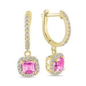 1 Carat Pink Topaz and Diamond Halo Dangle Earrings in 10K Yellow Gold- SPE55191PZ
