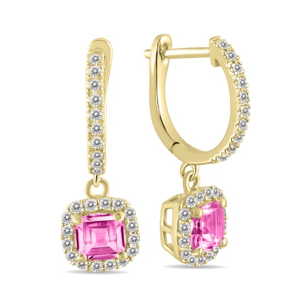 1 Carat Pink Topaz and Diamond Halo Dangle Earrings in 10K Yellow Gold- SPE55191PZ