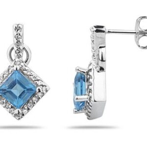 Princess Cut Blue Topaz & Diamond Earrings in 14K White Gold- SPE7915BT