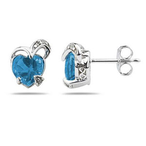 1 1/2 Carat TW Heart Shape Blue Topaz & Diamond Earrings in 14K White Gold- SPE7922BT