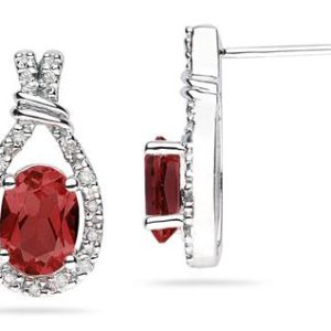 Garnet & Diamonds Oval Shape Earrings in 10k White Gold- SPE8325GT