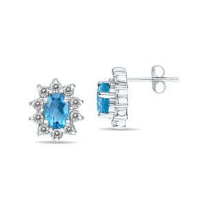 Oval Shape Blue Topaz and Diamond Flower Earrings in 14K White Gold- SPE8361BT