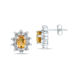 Oval Shape Citrine and Diamond Flower Earrings in 14K White Gold- SPE8361CT