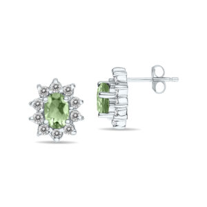 Oval Shape Green Amethyst and Diamond Flower Earrings in 14K White Gold- SPE8361GA