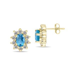 Oval Shape Blue Topaz and Diamond Flower Earrings in 14K Yellow Gold- SPE8365BT