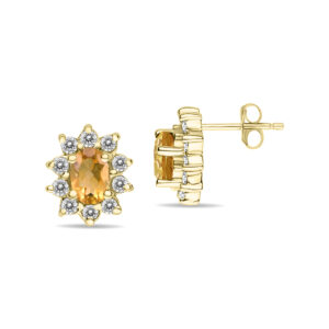 Oval Shape Citrine and Diamond Flower Earrings in 14K Yellow Gold- SPE8365CT