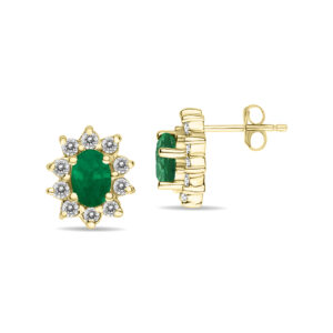 Oval Shape Emerald and Diamond Flower Earrings in 14K Yellow Gold- SPE8365EM