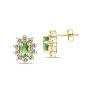 Oval Shape Green Amethyst and Diamond Flower Earrings in 14K Yellow Gold- SPE8365GA