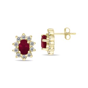 Oval Shape Ruby and Diamond Flower Earrings in 14K Yellow Gold- SPE8365RB