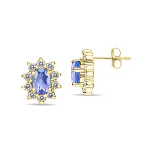 Oval Shape Tanzanite and Diamond Flower Earrings in 14K Yellow Gold- SPE8365TZ