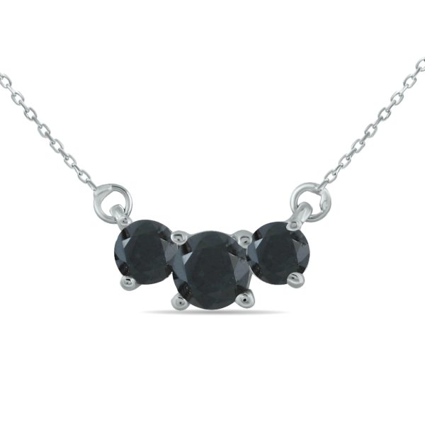 1 CTW Natural Black Diamond Three Stone Pendant Necklace in 14K White Gold- SPP12374BK