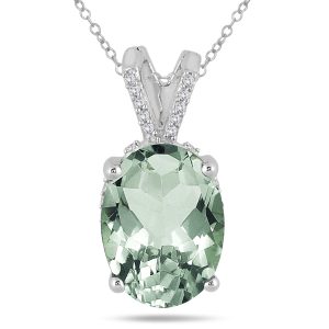 7 Carat Oval Green Amethyst and Diamond Engraved Pendant in 10K White Gold- SPP55182GA
