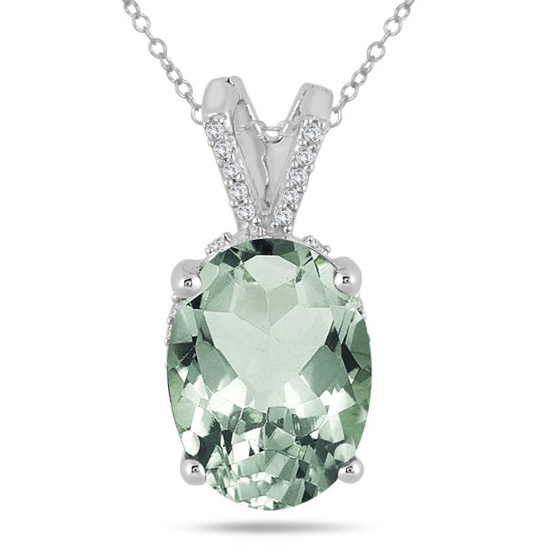 7 Carat Oval Green Amethyst and Diamond Engraved Pendant in 10K White Gold- SPP55182GA