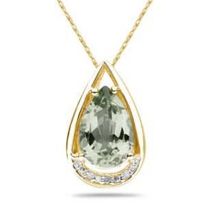 Pear Shaped Green Amethyst and Diamond Raindrop Pendant in 10k Yellow Gold- SPP8090GA