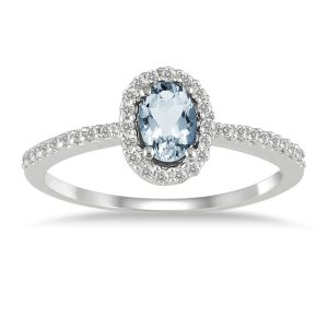 Aquamarine and Diamond Halo Ring in 10k White Gold- SPR12308AQ