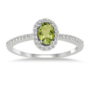 Peridot and Diamond Halo Ring in 10k White Gold- SPR12308PD