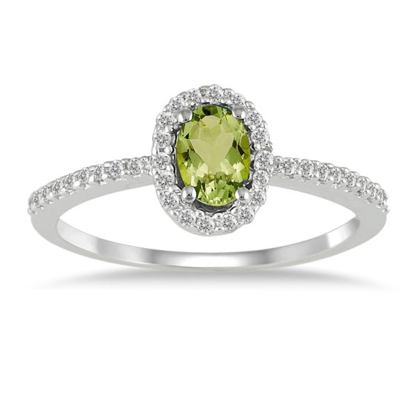 Peridot and Diamond Halo Ring in 10k White Gold- SPR12308PD