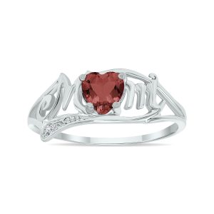 Garnet and Diamond Heart Shaped MOM Ring in 10K White Gold- SPR3362GT