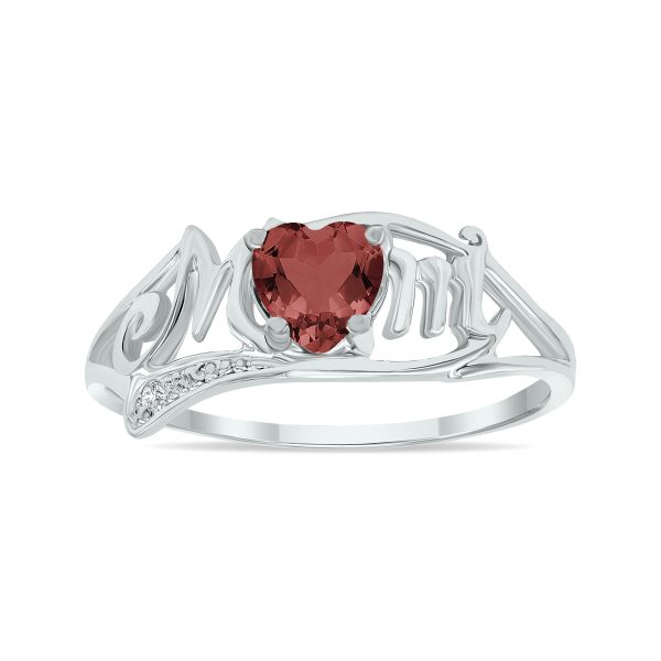 Garnet and Diamond Heart Shaped MOM Ring in 10K White Gold- SPR3362GT