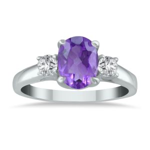 Amethyst and Diamond Three Stone Ring 14K White Gold- SPR3679AM