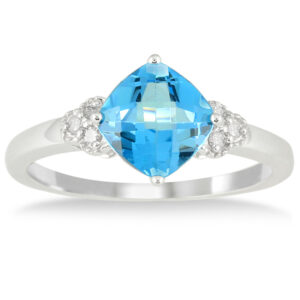 1 3/4 Carat Cushion Cut Blue Topaz and Diamond Ring in 10K White Gold- SPR50386BT