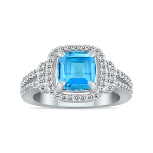 Cushion Cut Blue Topaz and Diamond Ring in 10K White Gold- SPR51004BT